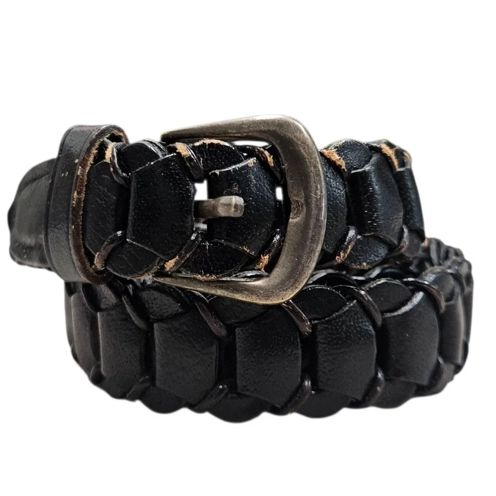 Black Genuine Leather Braided Belt Silver Made in‎ India Buckle Distressed 28